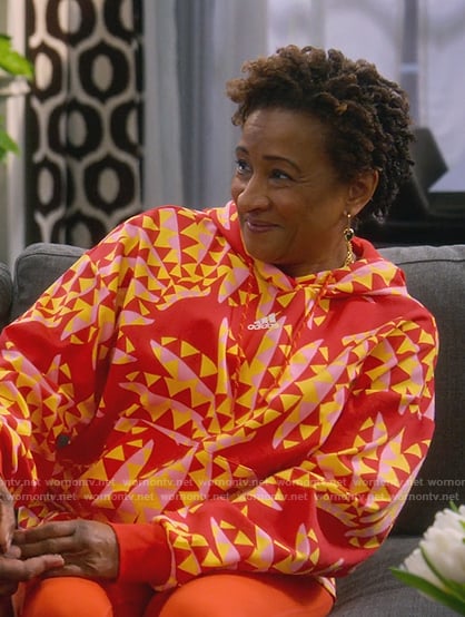 Lucretia's red printed hoodie on The Upshaws