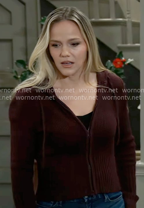 Lulu's burgundy knit zip up cardigan on General Hospital