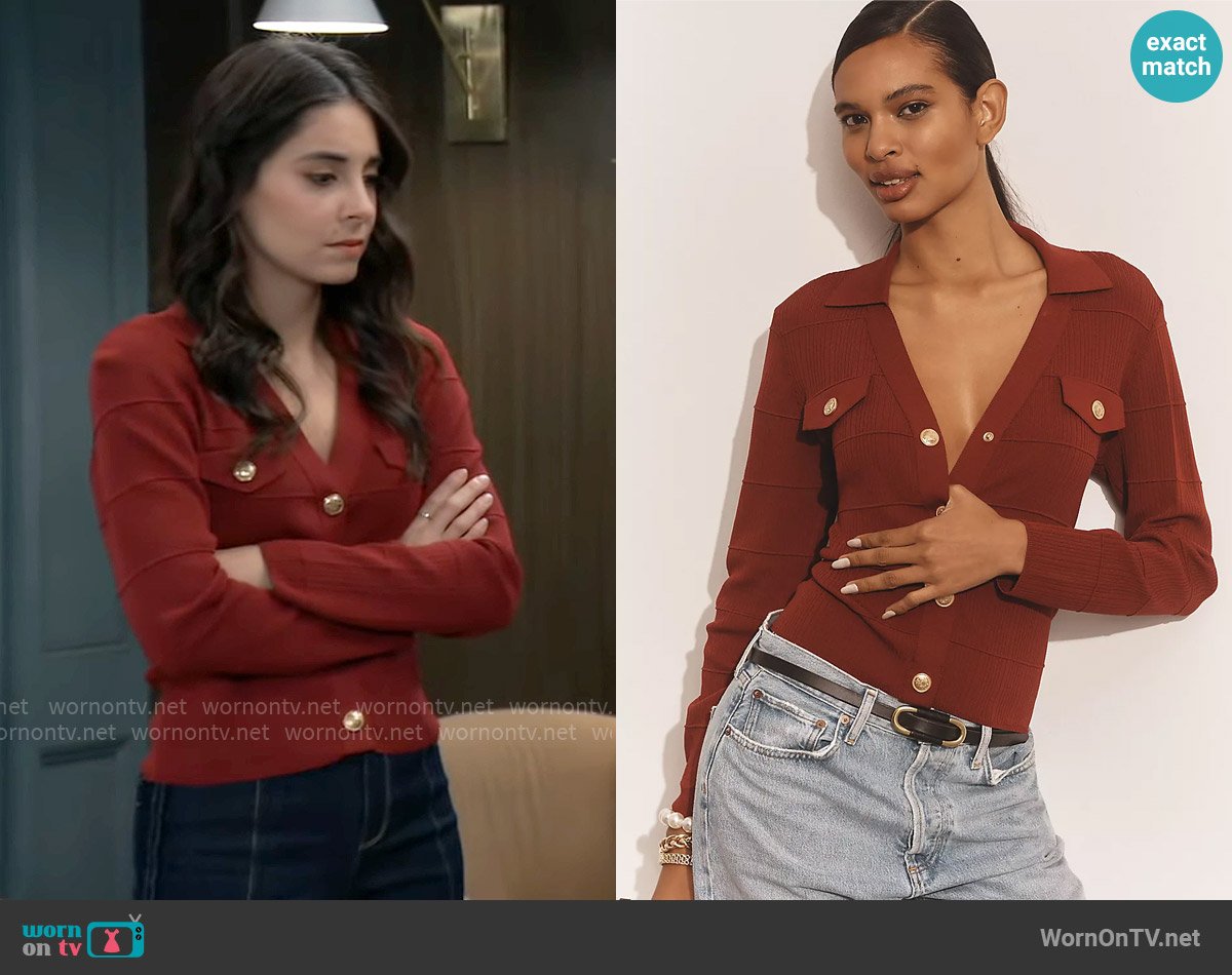 Maeve at Anthropologie Collared Cardigan Sweater worn by Molly Lansing-Davis (Kristen Vaganos) on General Hospital