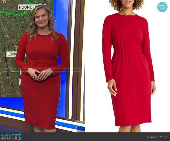 Maggy London Long Sleeve Crepe Midi Sheath Dress in Barbados Cherry worn by Emily West on Today