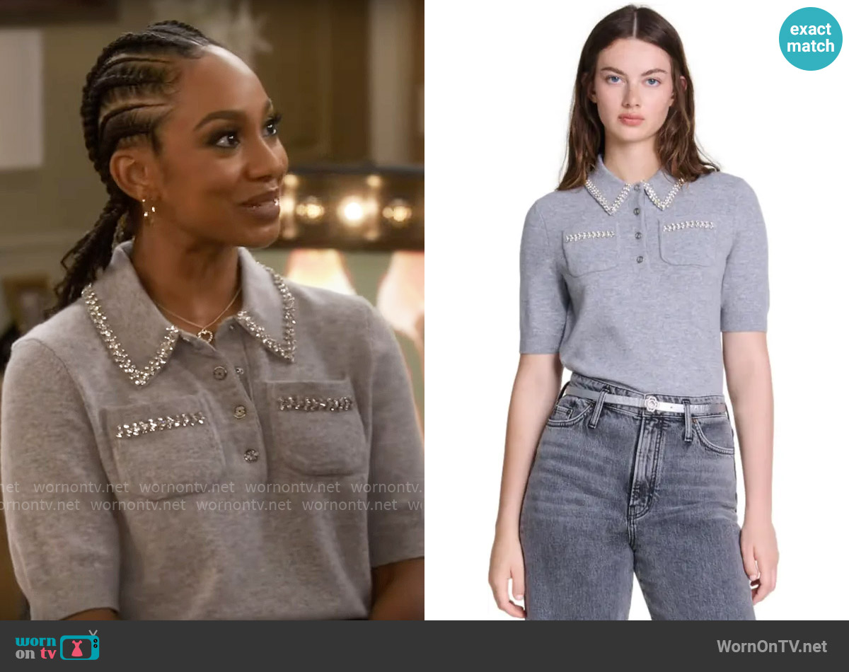 Maje Mylenva Rhinestone Trim Polo Sweater worn by Nina (Tetona Jackson) on Poppas House