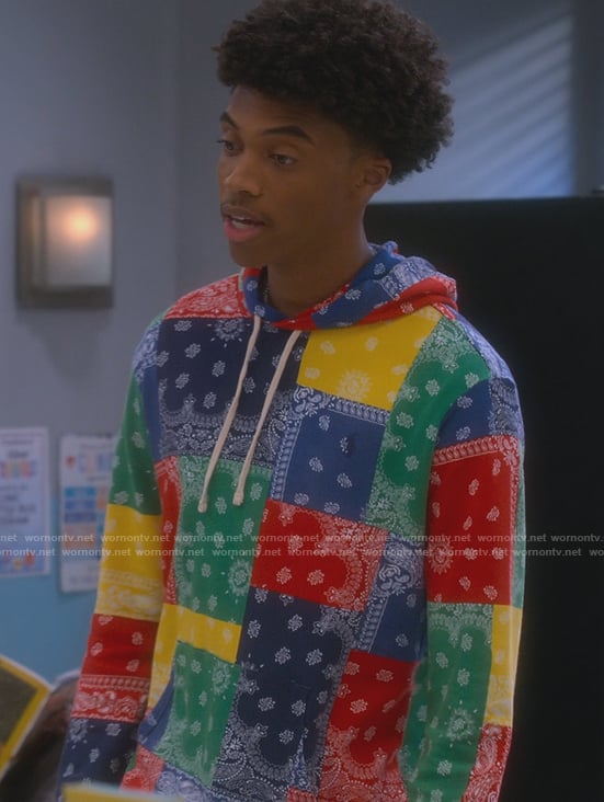 Malik's colorblock bandana print hoodie on The Upshaws