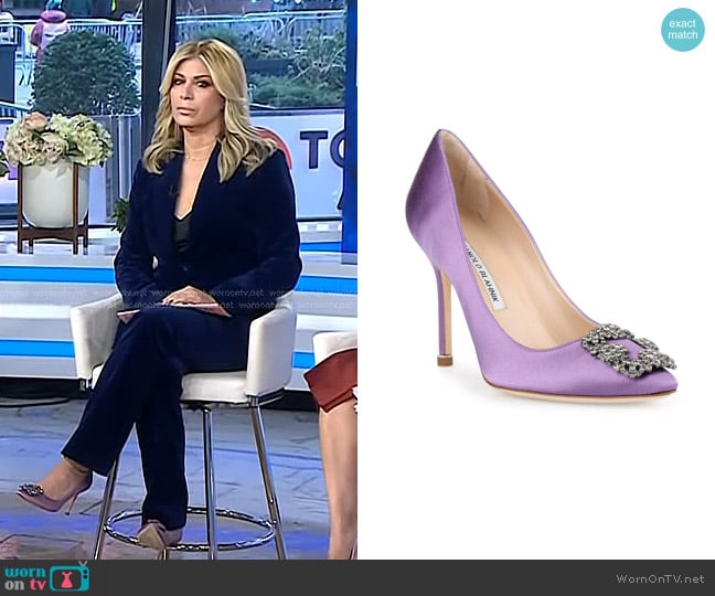 Manolo Blahnik Hangisi 105 Satin Pump in violet worn by Jill Martin on Today