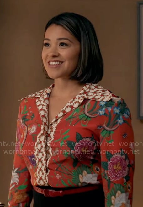 Marion's red floral and snake print blouse on Will Trent