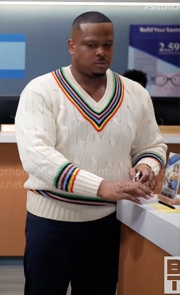 Maurice's cable knit sweater with rainbow stripe trim on Tyler Perrys Sistas