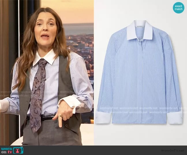 Max Mara Pinstriped cotton-poplin shirt worn by Drew Barrymore on The Drew Barrymore Show