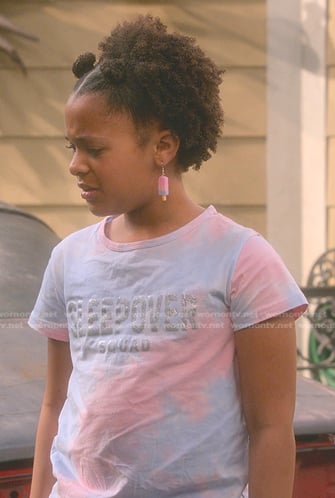 Maya's tie dye tee and shorts on The Upshaws