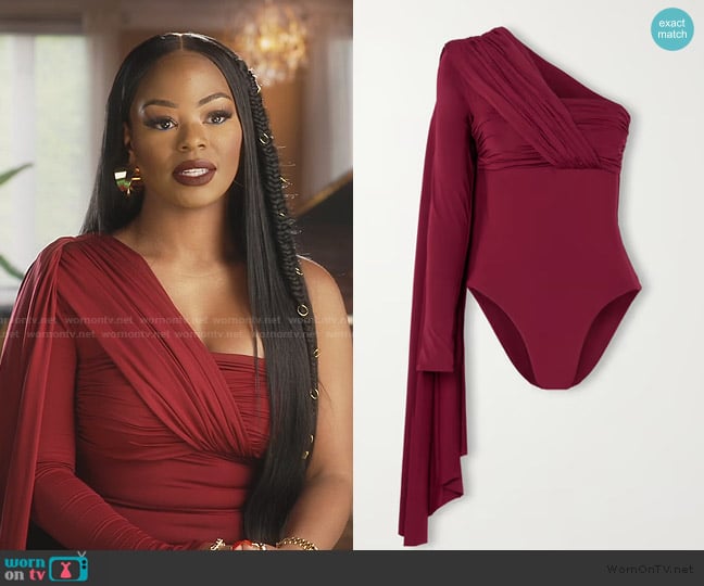 Maygel Coronel Vionnet draped one-shoulder stretch-jersey bodysuit worn by Keiarna Stewart on The Real Housewives of Potomac