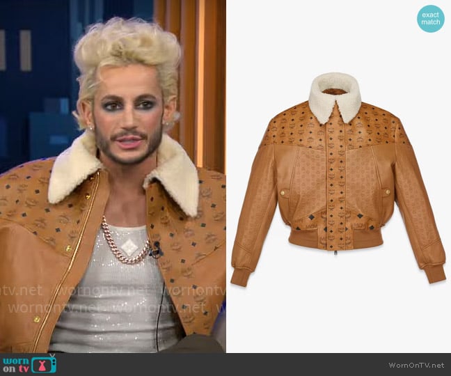 MCM Shearling Bomber Jacket in Visetos Leather Mix worn by Frankie Grande on CBS Mornings