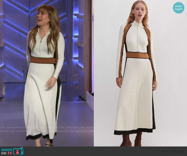 Kelly’s white contrast panel dress on The Kelly Clarkson Show