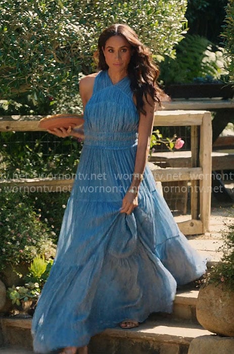 Meghan Markle's blue pleated maxi dress on With Love Meghan