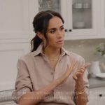 Meghan Markle’s mauve linen button down shirt and pants set on With Love Meghan