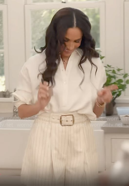 Meghan Markle's white pinstripe shorts on With Love, Meghan