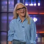 Mel Robbins’ blue rhinestone embellished shirt on The Kelly Clarkson Show