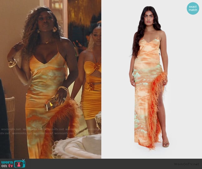 Wendy’s orange feather trim dress on RHOP