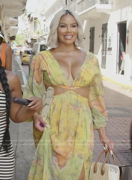 Mia's yellow floral cutout dress on The Real Housewives of Potomac