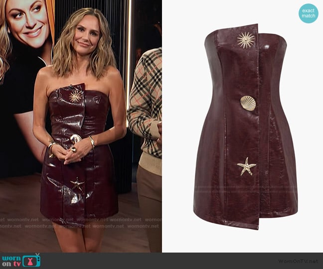 Keltie’s burgundy leather strapless mini dress on E! News