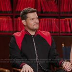 Michael Buble’s black mixed media bomber jacket on Access Hollywood