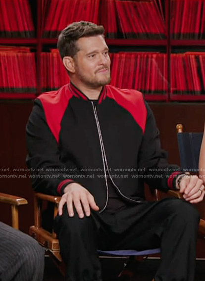 Michael Buble’s black mixed media bomber jacket on Access Hollywood