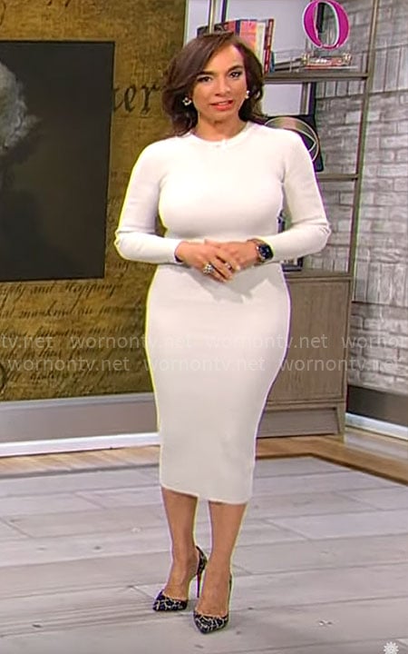 Michelle Miller's white rib knit dress on CBS Mornings