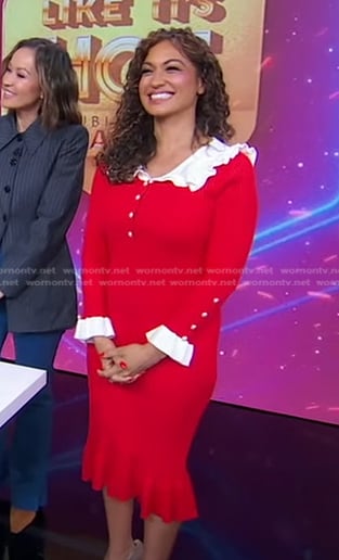 Milly Almodovar’s red contrast collar ribbed dress on Good Morning America