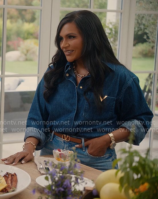 Mindy Kaling’s denim V shirt on With Love Meghan