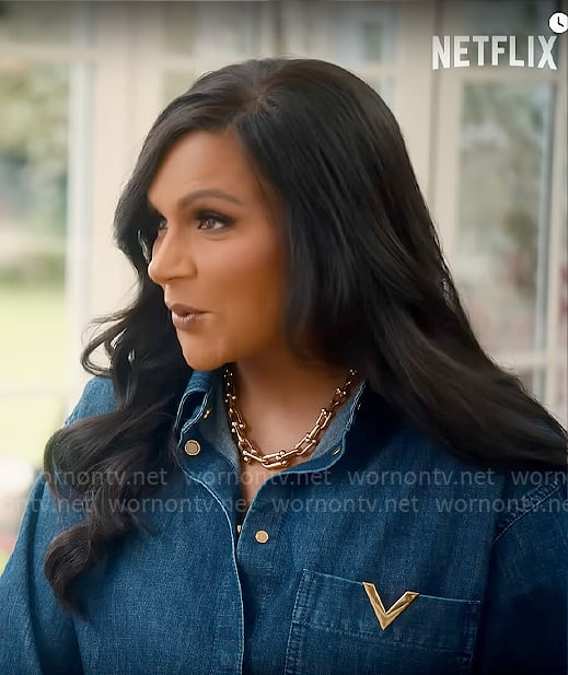 Mindy Kaling's denim V shirt on With Love, Meghan