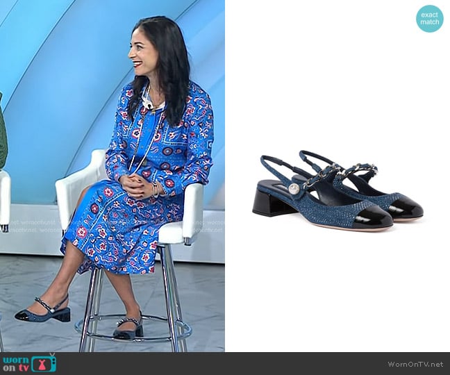 Miu Miu Denim and Patent Leather Slingback Pumps with artificial crystals worn by Jacqui Gifford on Today