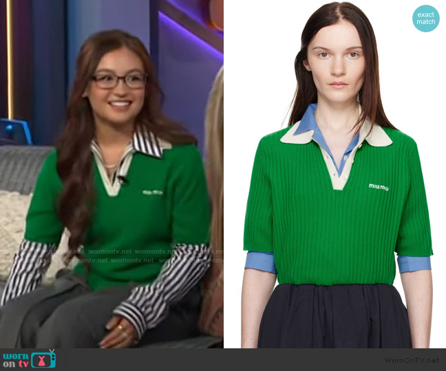 Miu Miu Green & Off-White Ribbed Cashmere Polo worn by Anna Cathcart on The Kelly Clarkson Show