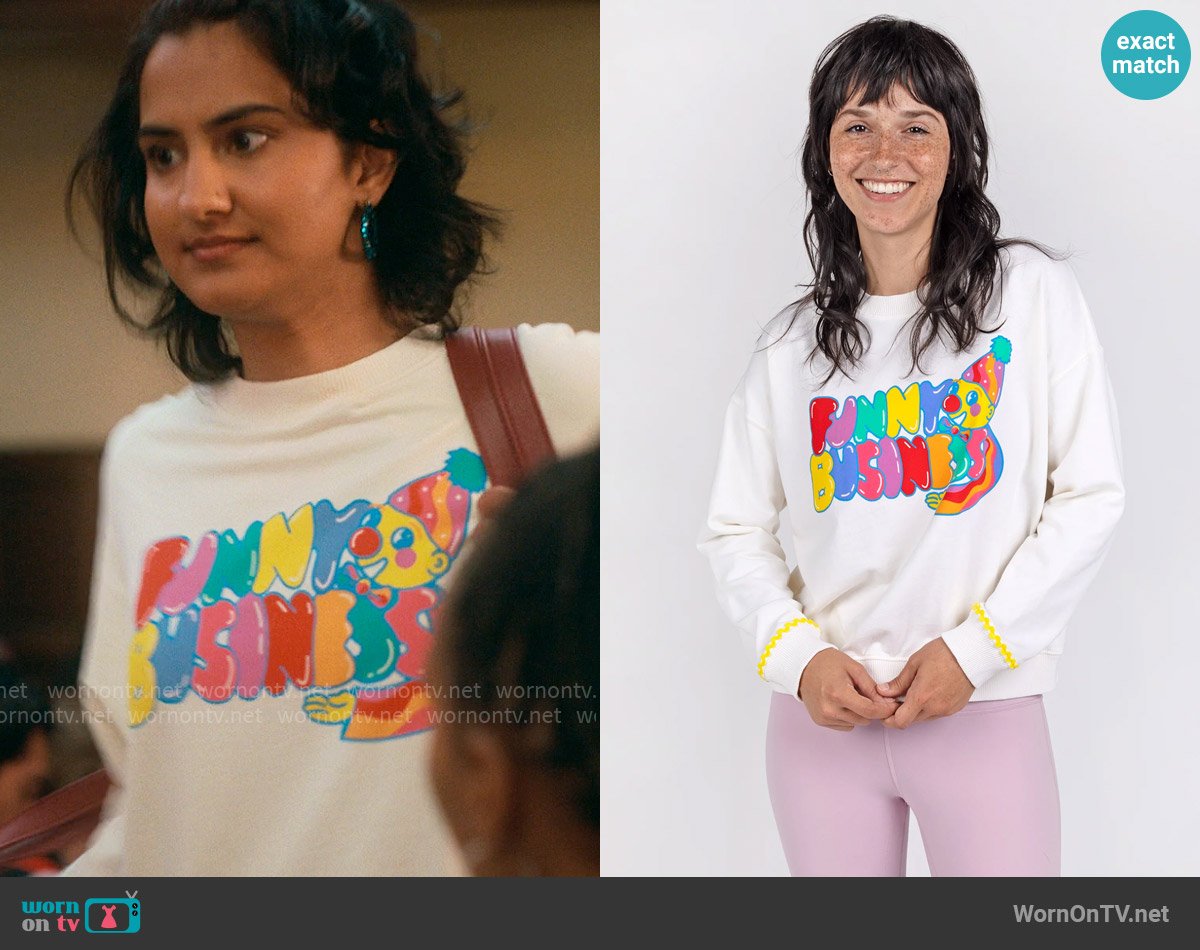 Mokuyobi Funny Business Crop Crew Sweatshirt worn by Bela Malhotra (Amrit Kaur) on The Sex Lives of College Girls