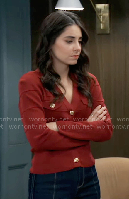 Molly’s red cardigan with gold buttons on General Hospital