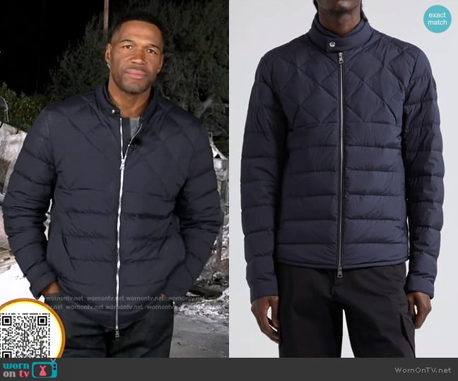 Moncler Choquart Down Puffer Jacket in Greyish Navy worn by Michael Strahan on Good Morning America