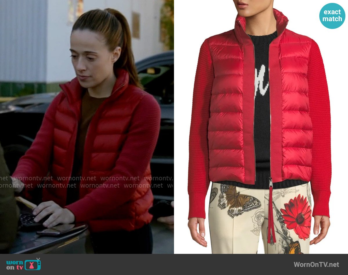 Moncler Puffer Cardigan w/ Knit Sleeves worn by Kim Burgess (Marina Squerciati) on Chicago PD