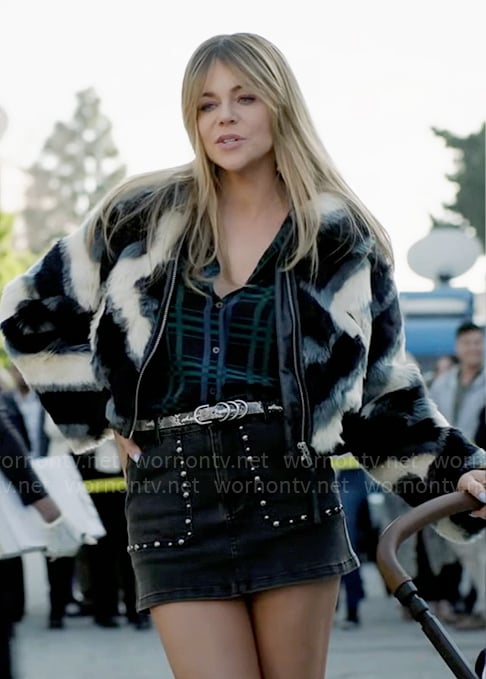 Morgan’s chevron fur jacket and studded denim skirt on High Potential