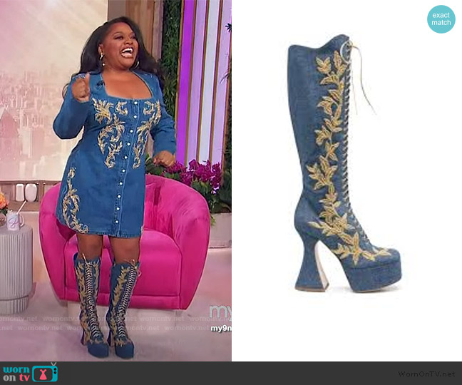 Moschino Leaf Embroidered High Denim Boots In Blue worn by Sherri Shepherd on Sherri