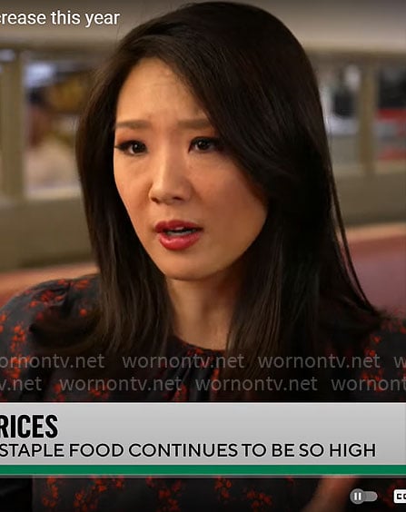 Nancy Chen’s black and red floral top on CBS Mornings