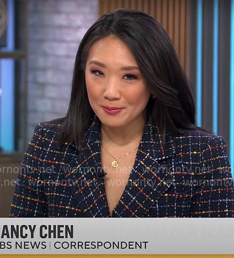 Nancy Chen's black tweed blazer on CBS Mornings