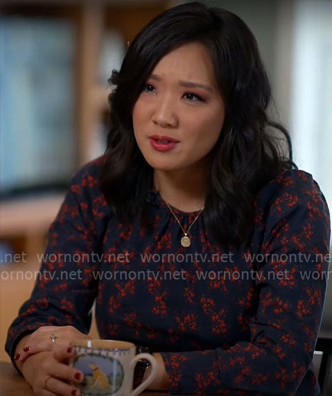 Nancy Chen's black and red floral top on CBS Mornings