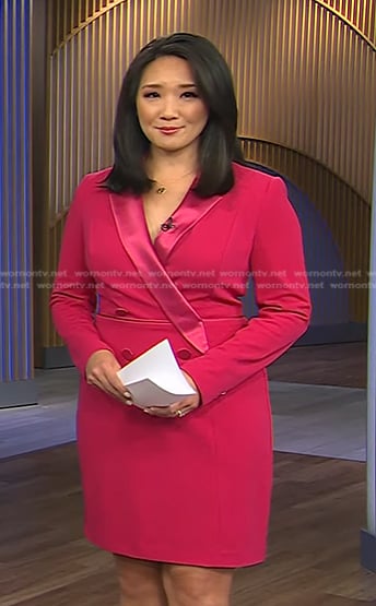 Nancy Chen’s pink blazer dress on CBS Evening News