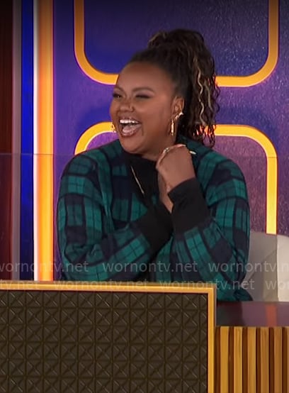 Nicole Byer's green plaid cardigan on Hollywood Squares