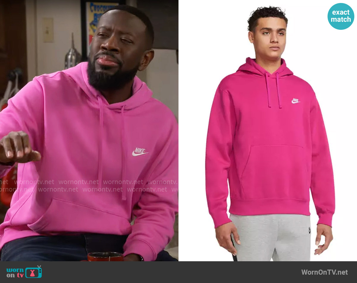 Nike Sportswear Club Fleece Pullover Hoodie in Pink worn by Malcom (Sheaun McKinney) on The Neighborhood