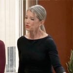 Carly’s black gathered front midi dress on General Hospital