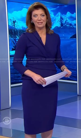 Norah’s purple v-neck sheath dress on CBS Evening News