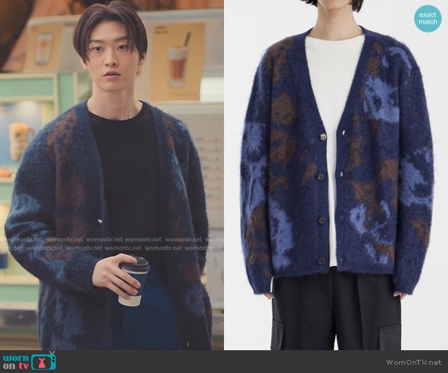 Obscura Floral Mohair Cardigan in Navy worn by Min Ho (Sang Heon Lee) on XO Kitty