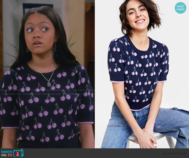 On 34th Cherry Print Short Sleeve Sweater worn by Aaliyah Upshaw (Khali Spraggins) on The Upshaws