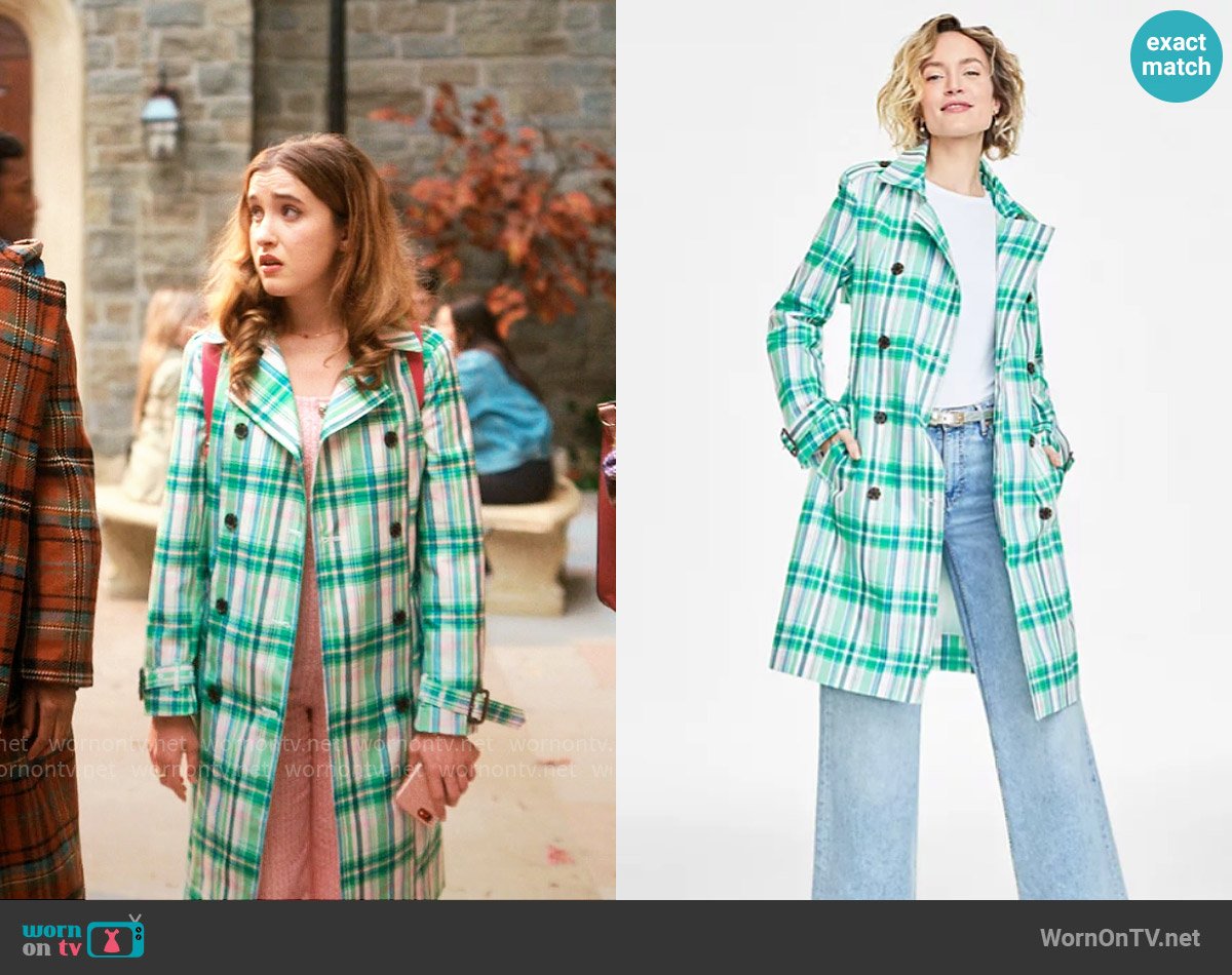 On 34th Plaid Double-Breasted Trench Coat worn by Kacey (Gracie Lawrence) on The Sex Lives of College Girls