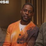 Sterling K. Brown’s orange tie dye cardigan on Access Hollywood