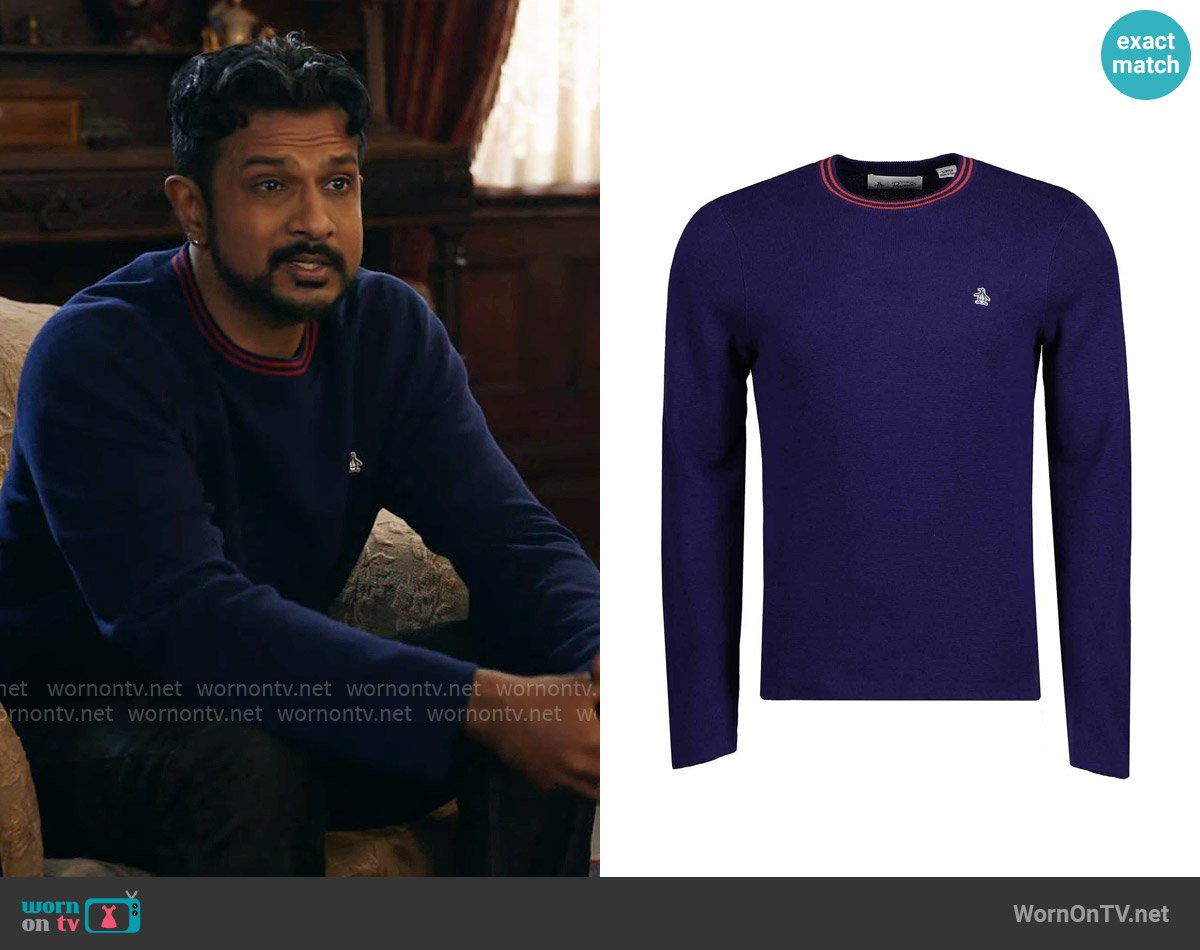 Original Penguin Retro Mod Tipped Knit Jumper worn by Jay (Utkarsh Ambudkar) on Ghosts