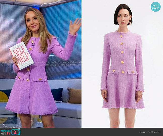 Oscar de la Renta Floral Button-detail Tweed Minidress in Lupine worn by Gabrielle Bernstein on Good Morning America