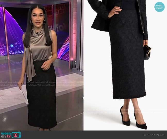 Oscar de la Renta Guipure Lace Tweed Maxi Pencil Skirt in Black worn by Morgan Radford on NBC News Daily